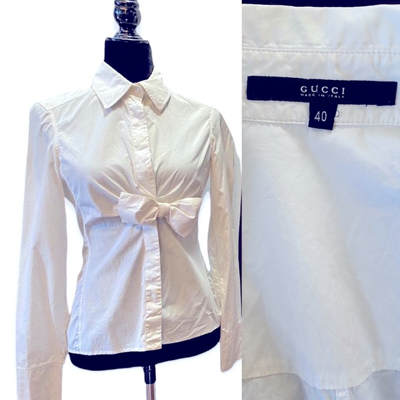 Gucci | Tops | Gucci Vintage 9s White Cotton Blouse With Bow At